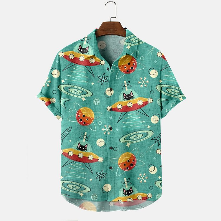 Men's spaceship cat print shirt