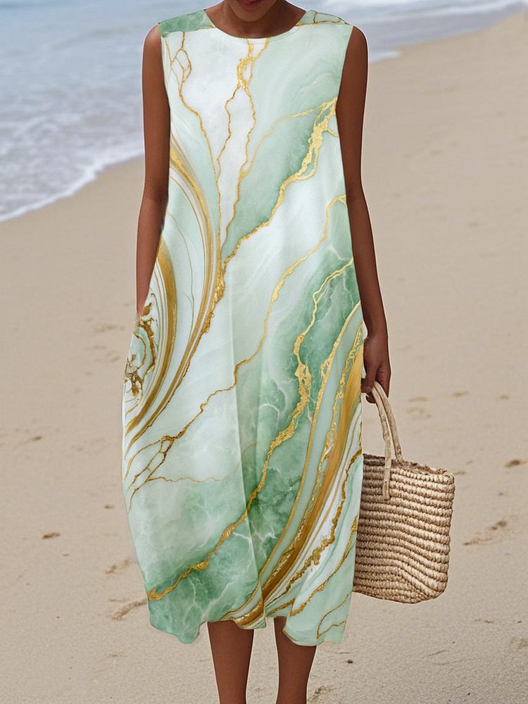 Women's  Marble texture Print Cotton and Linen Dress