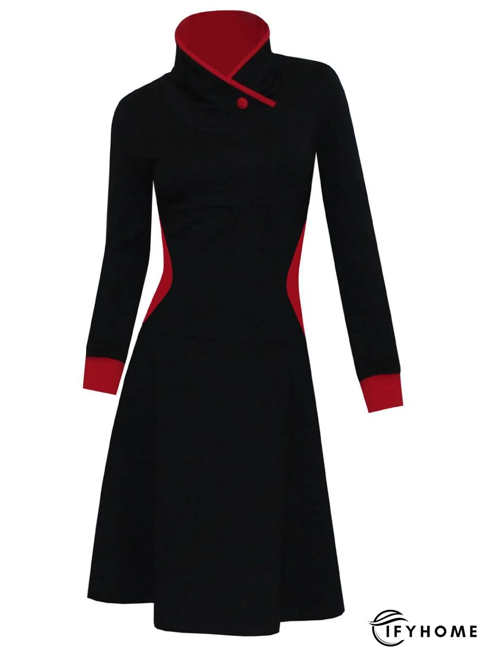 Black Stand Collar Solid Long Sleeve Casual Knitting Dress | IFYHOME