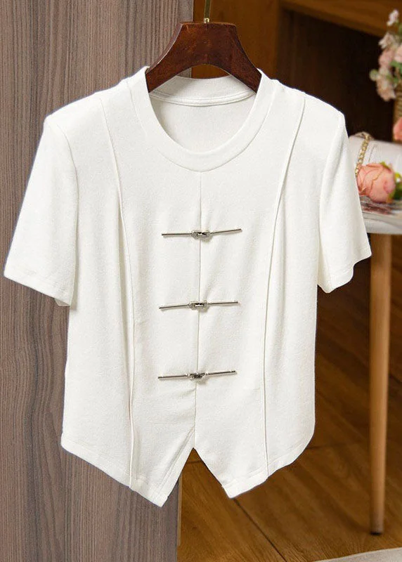 Casual White Asymmetrical Chinese Button Patchwork Cotton T Shirts Tops Summer