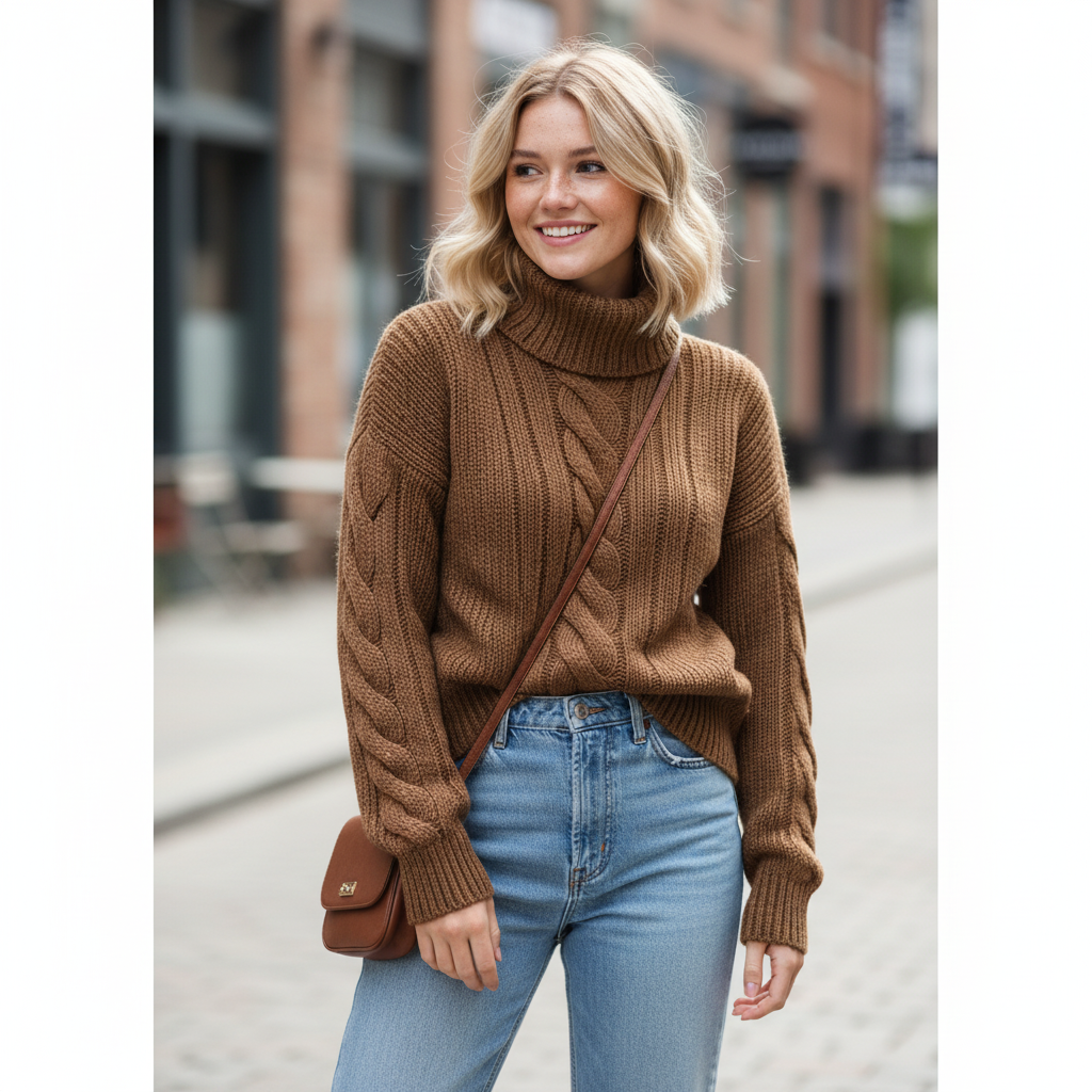 "Women's Camel Turtleneck Cable Knit Sweater - Chunky Warm Pullover For Autumn Winter