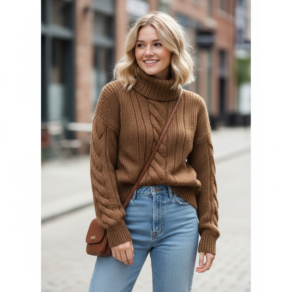 "Women's Camel Turtleneck Cable Knit Sweater - Chunky Warm Pullover For Autumn Winter