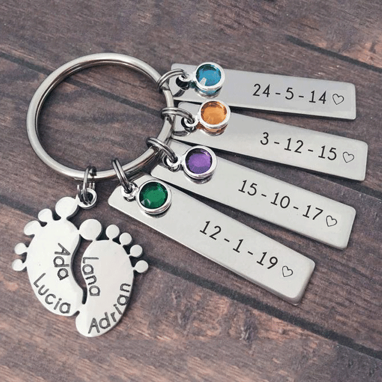 Personalized Baby Feet Keychain With 4 Names and 4 Birthstones