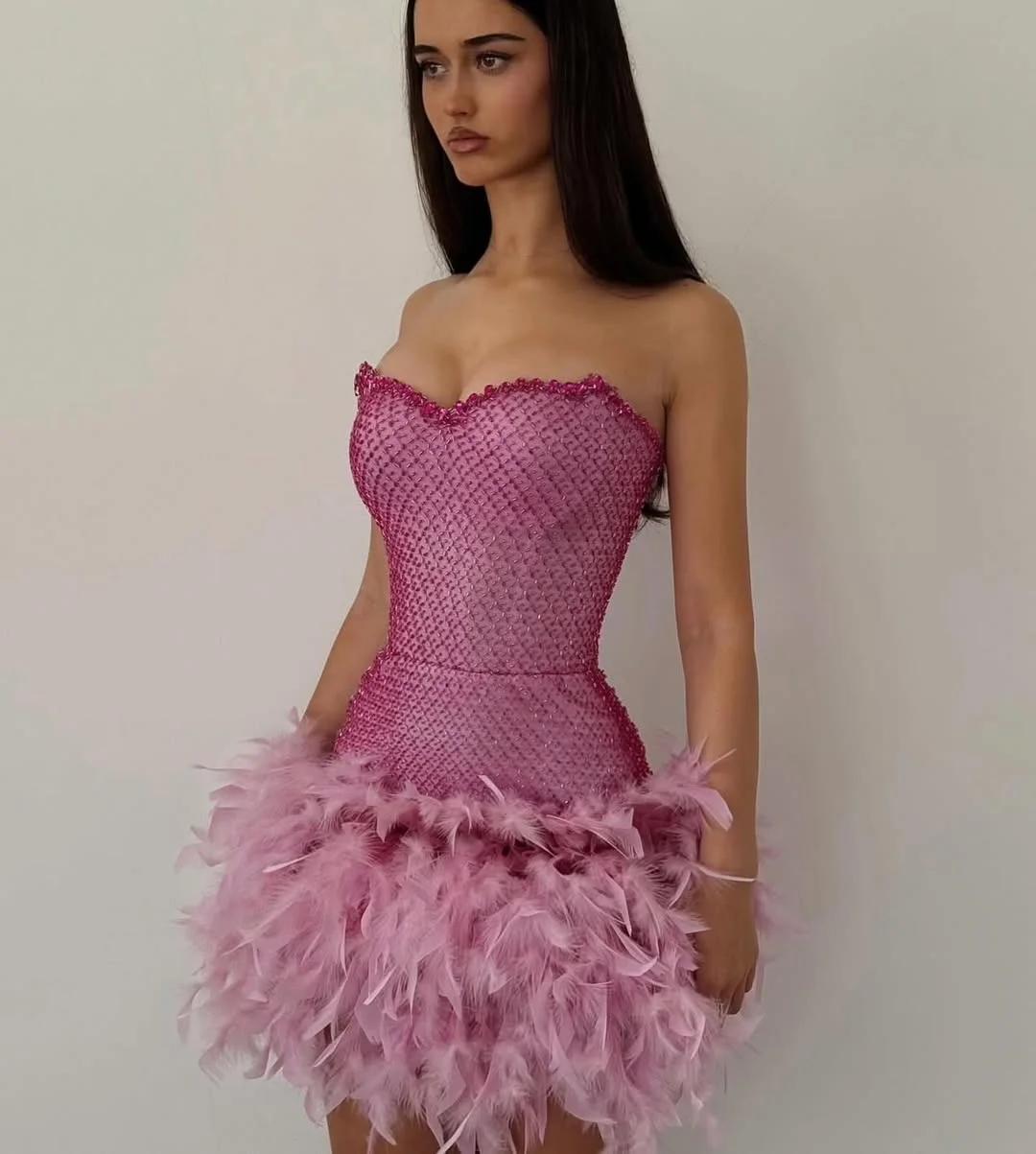 Unique Straight Across Sleeveless Beaded Feather Mini Homecoming Dress YK0218