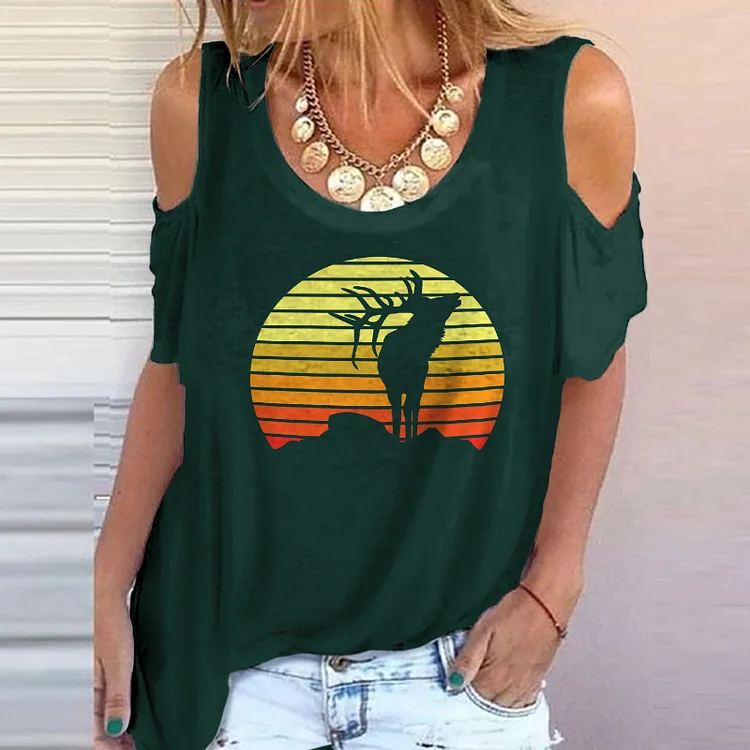 Vefave Rainbow Elk Silhouette Print Off-The-Shoulder T-Shirt