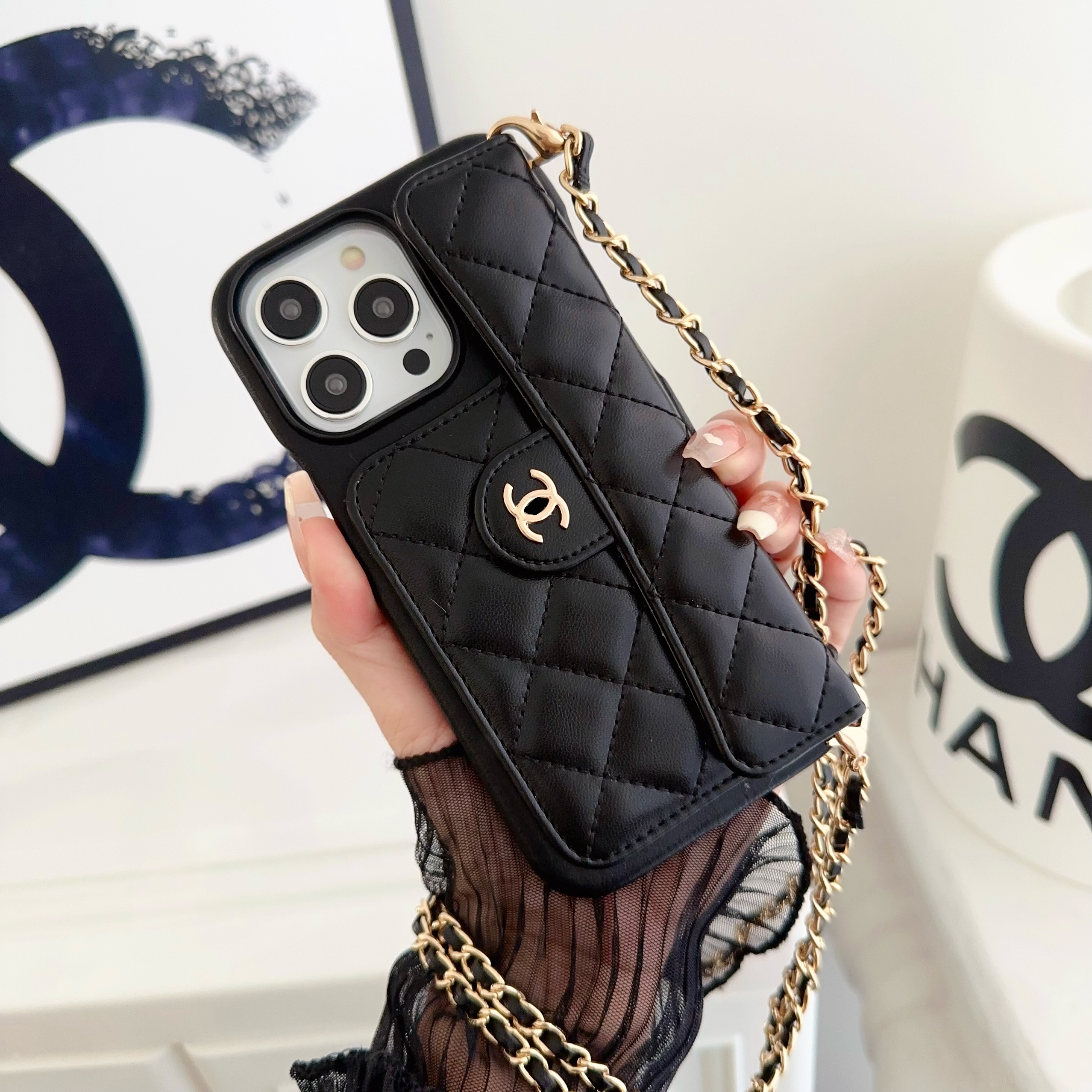 Chanel Official Hand Chain Cardholder Leather iPhone Case Crossbody Cord