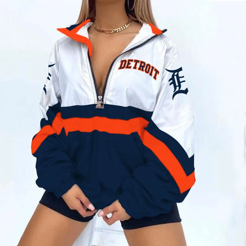 Women's Support Detroit Tigers Baseball Print V Neck Zipper Sweatshirt Jacket