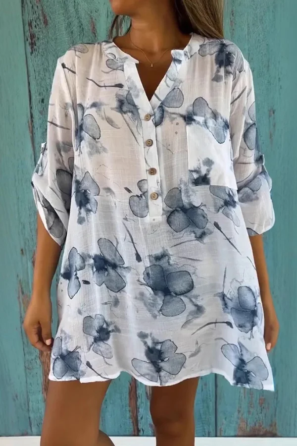 Botanical Print Casual V-Neck Pocket Loose Top