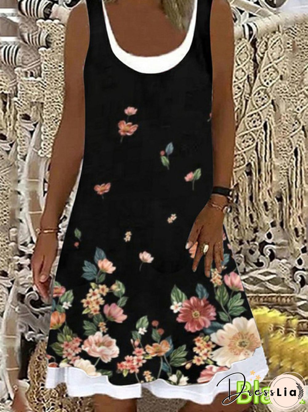 Womens Dress Summer New Fashion Flower Fake Two-piece Printed Sleeveless Round-neck