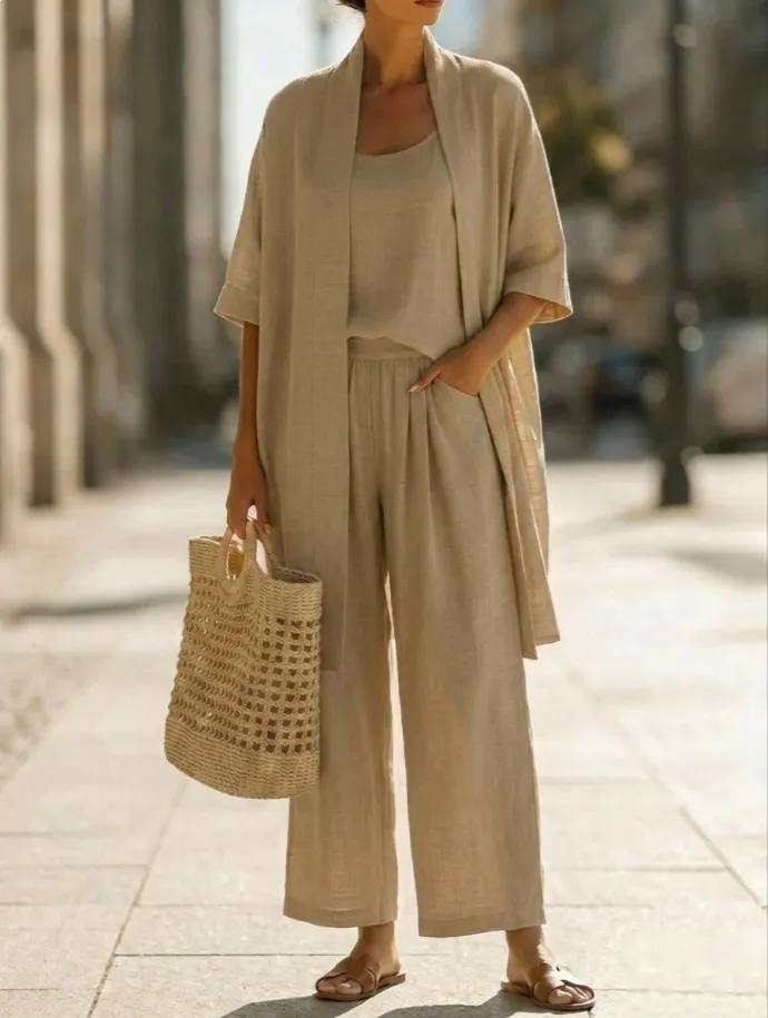 Women's Linen Blend 3-Piece Outfit, Cami Top, Open Front Cardigan and Wide Leg Pants Set