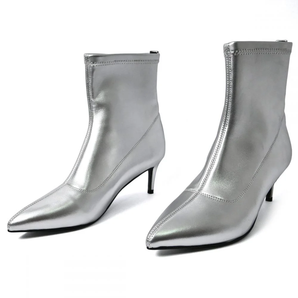 Silver Boots Kitten Heel Boots Pointy Toe Ankle Boots Nicepairs