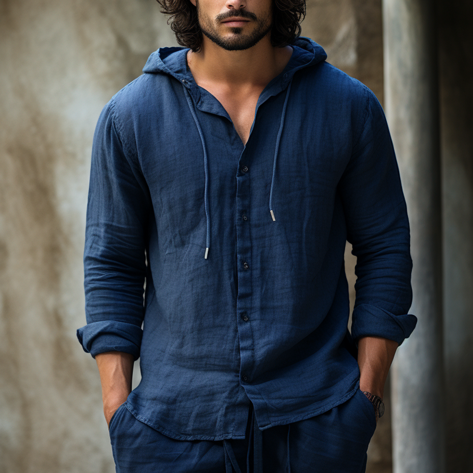 Men's Vacation Style Plain Linen Simple Casual Bohemian Button Hooded Top-inspireuse