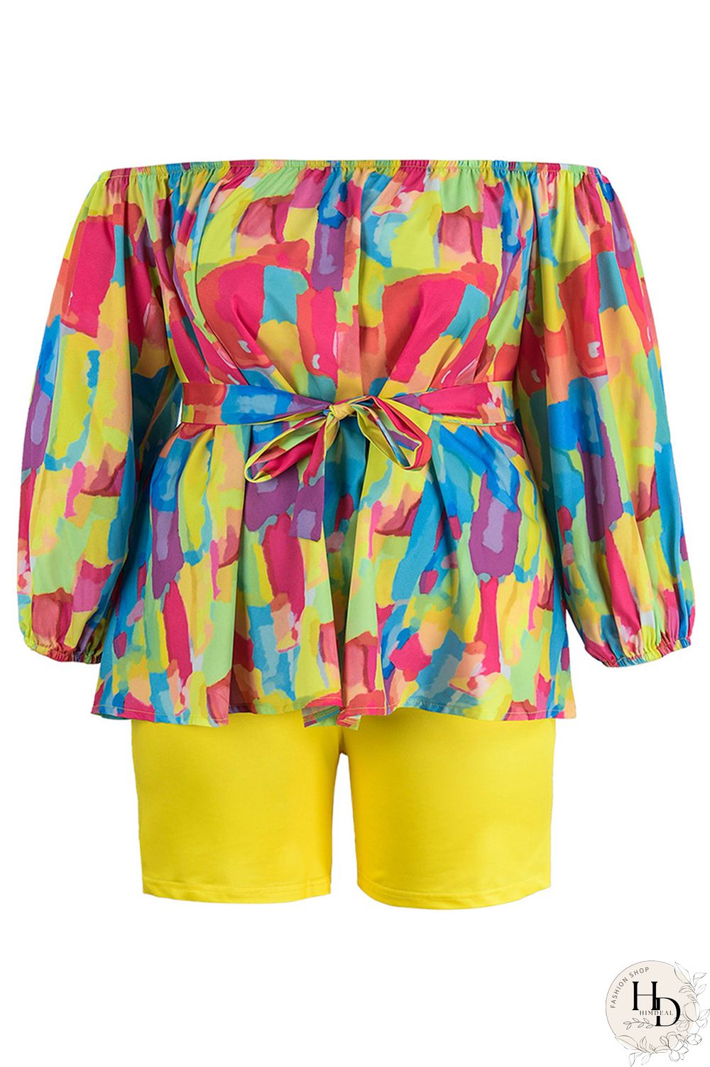 Yellow Casual Print Patchwork Off the Shoulder Long Sleeve Two Pieces