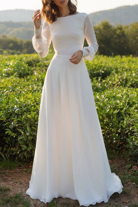 Daisda Long Sleeves Tulle Bateau Boho Wedding Dress A Line Open Back