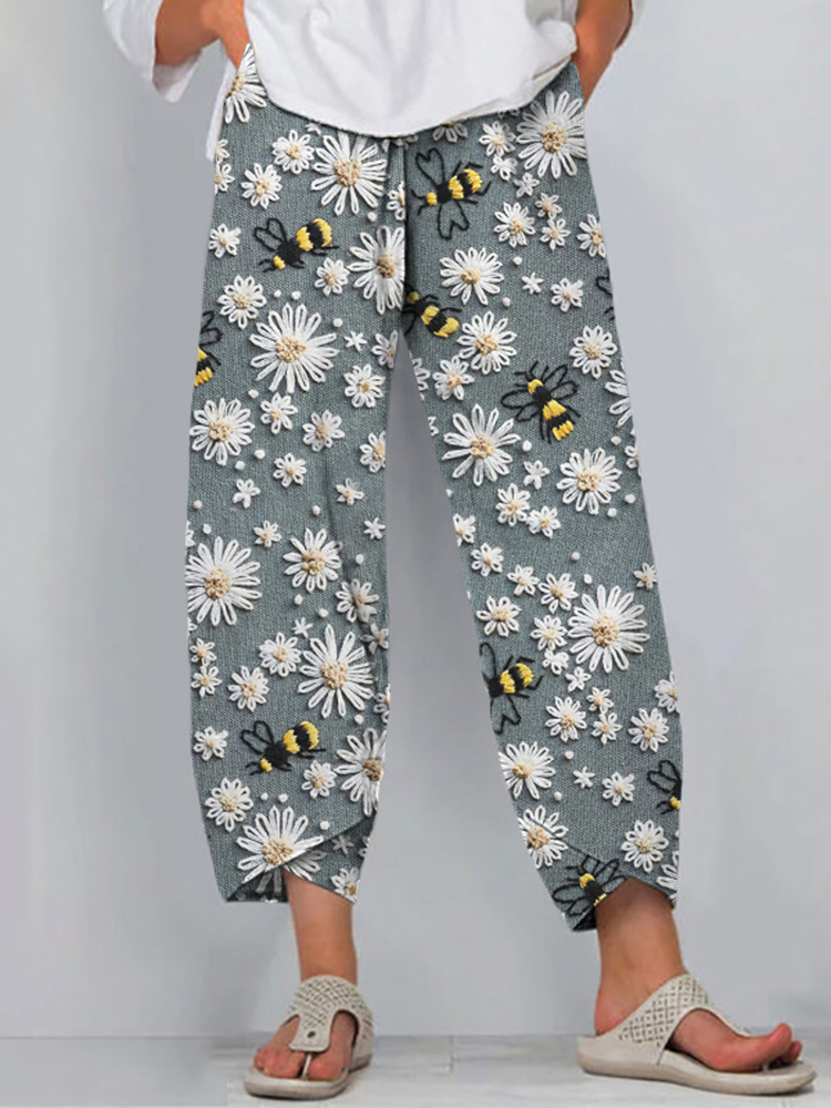 Comstylish Daisy Bee Print Loose Casual Pants