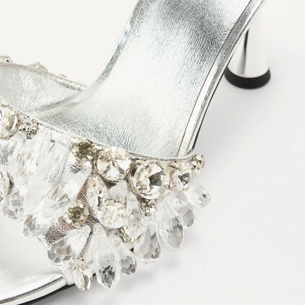 Silver Metallic Open Toe Spool Heel Rhinestone Mules for Women