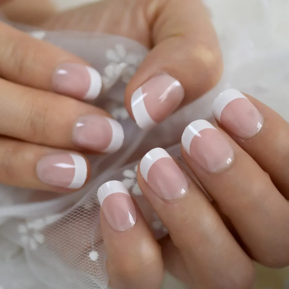 24Pcs Short Squoval Pink&white Edge Nails DIY Wholesale Full Cover Nails Gels Nails Set-Nail Inspo