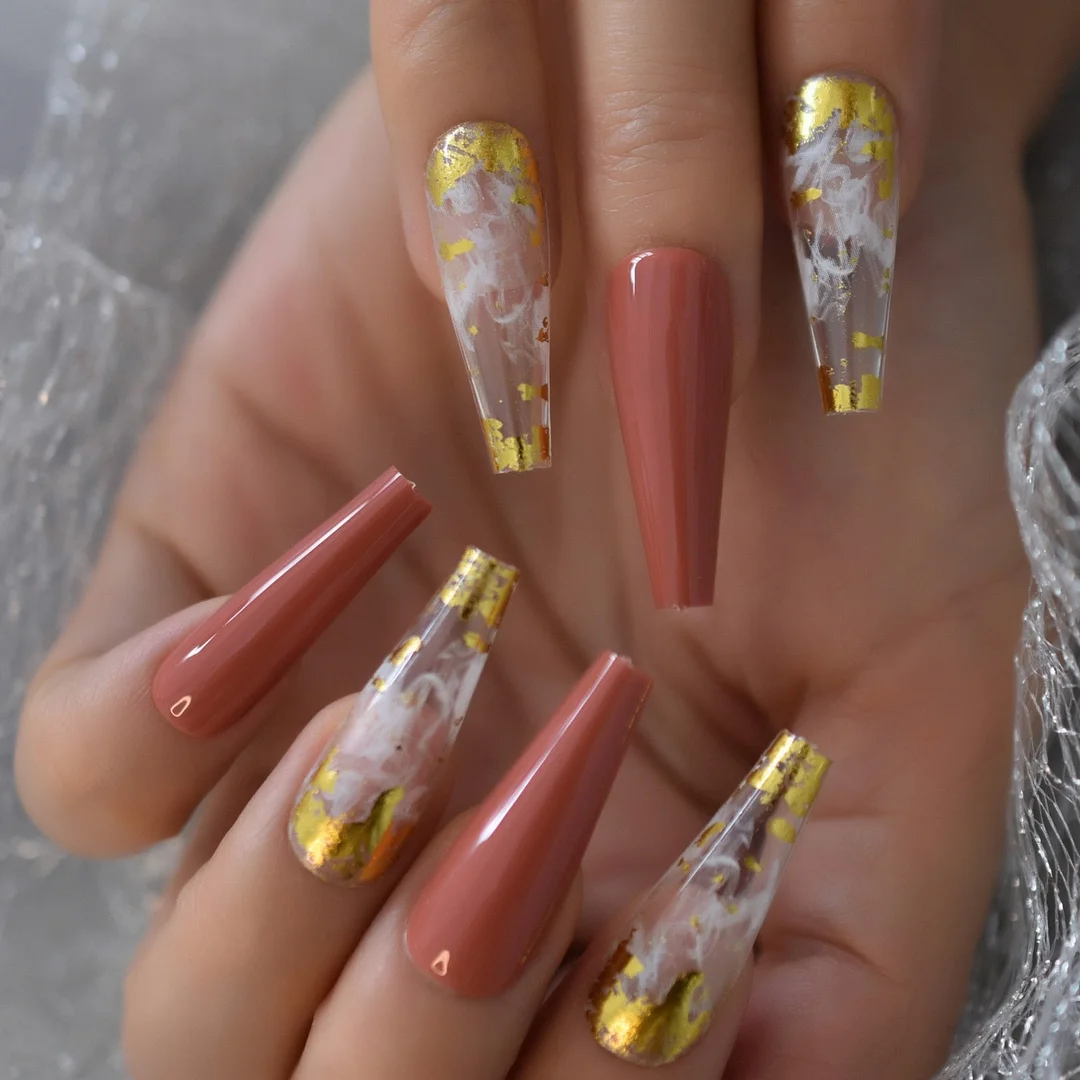 Glossy 24Pcs 6Pcs Foil Set Extra Long Fake Nails Fingernails Art Coffin Nails Tip Simple Design Supplies For Professionals EchiQ-Nail Inspo