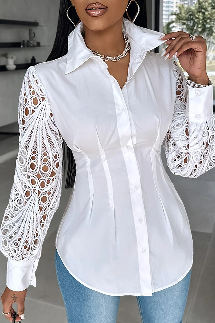 Plus Size Business Casual White Shirt Collar Lantern Sleeve Long Sleeve Contrast Lace Blouses