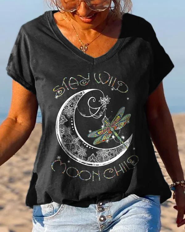 🔥kukelife🔥Stay Wild Moon Child Dragonfly Black T-shirt