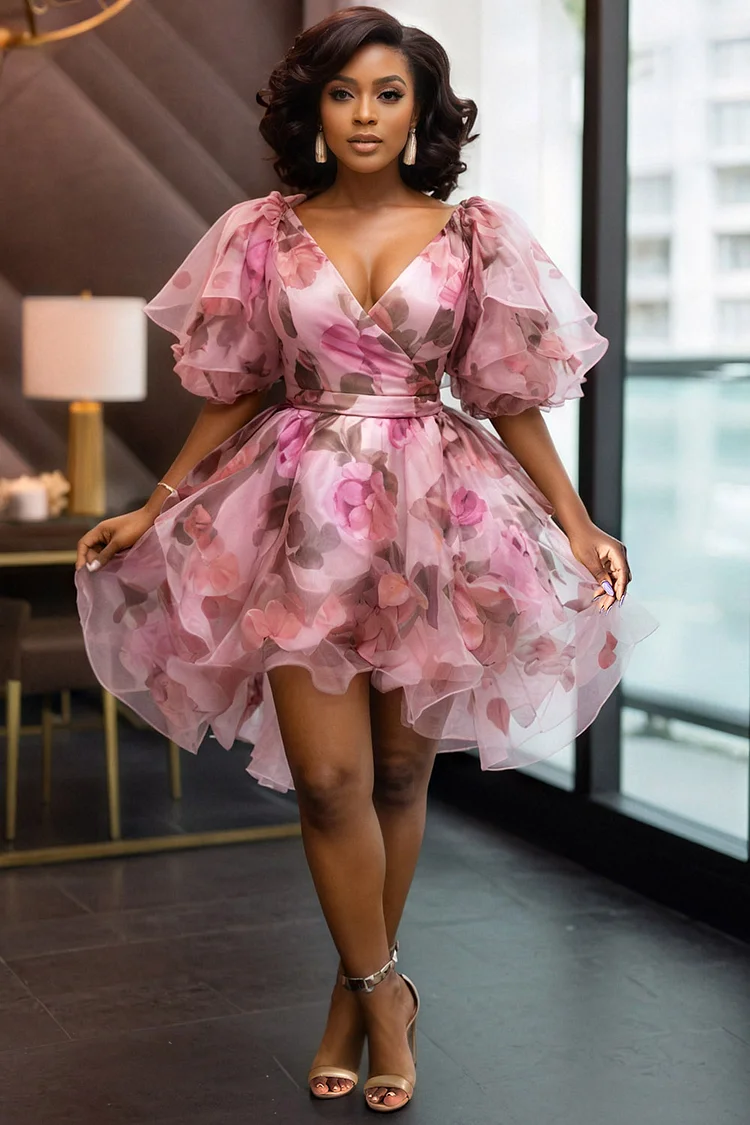 Xpluswear Design Plus Size Cocktail Party Pink Floral Wrap Neck Short Sleeve Irregular Hem Chiffon Mini Dresses [Pre-Order]