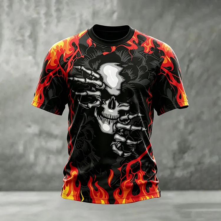 Men's Retro Halloween Skull And Flame 3d Print Short-sleeve T-shirt