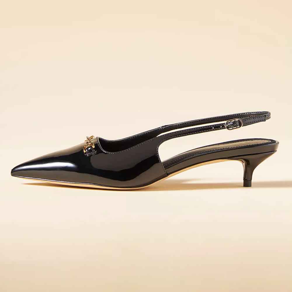 Black Patent Leather Pointed Toe Kitten Heel Slingback Pumps Nicepairs