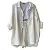 Women's Wrinkled Fabric Casual Long Sleeve Shirt High Waist Drawstring Shorts Two-piece Set