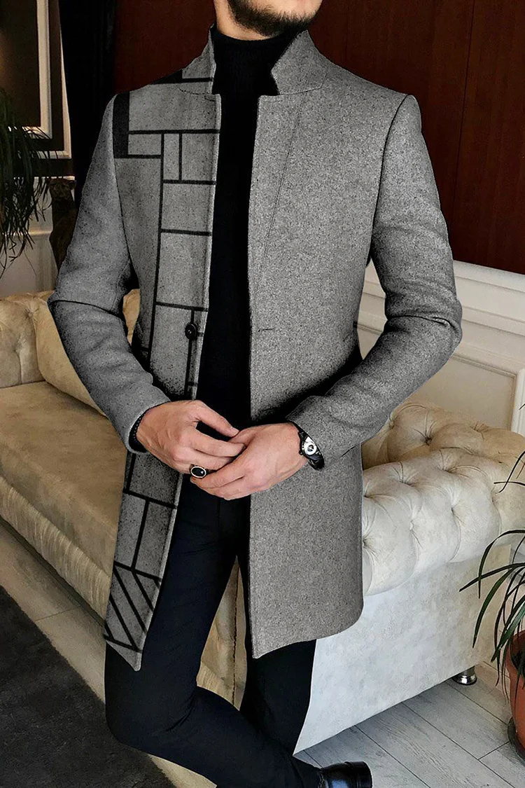 Tiboyz Men's Geometric Mid-Length Tweed Coat