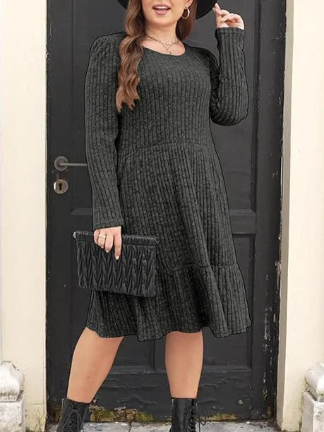 Women's Solid Color Long Sleeve Scoop Neck A-line Dress