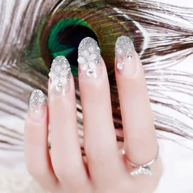 Wedding Beauty Fake Nails DIY Glitter Acrylic Full Cover Nail Art Tips with Glue Girls Shining Rhinestones Fashion False Nail-Nail Inspo