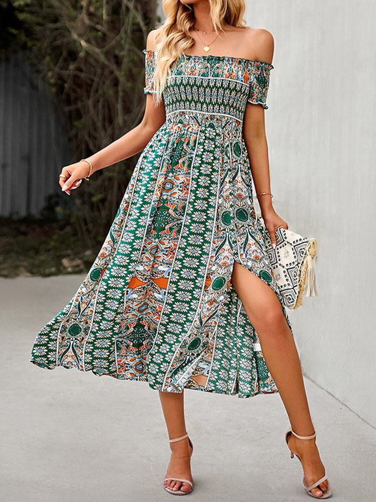 Bohemian Tribal Print Shirred Off Shoulder Slit Dress - Life is Beautiful for You - SheChoic