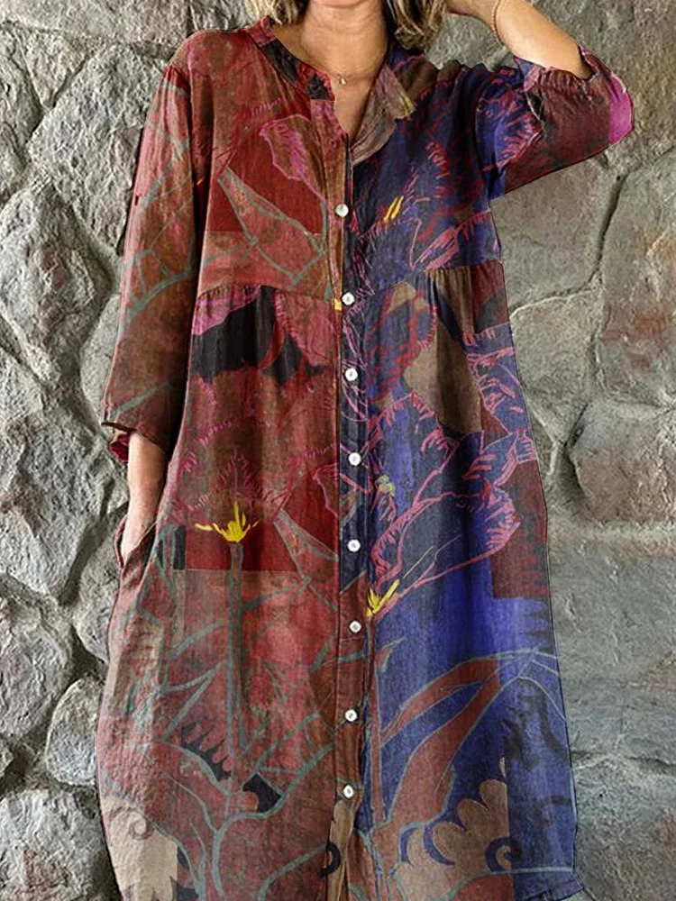 Women's Art Abstract Floral Pattern Shirt Style Cotton and Linen Dress