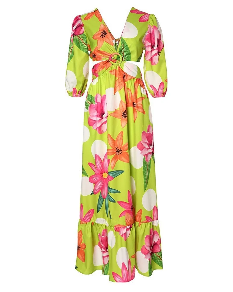 Nncharge Spring Women Long Sleeved Cutout V-Neck Twist Summer Elegant Tie Dyed Floral Printed Lantern Sleeve Split Thigh Maxi Dress