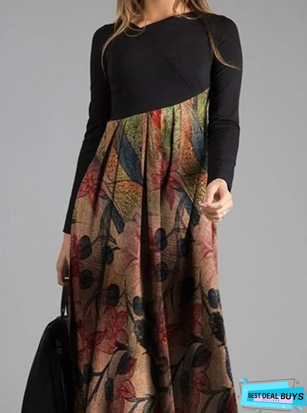 Vintage Floral Print Casual Long-sleeved Maxi Dress Black Dresses