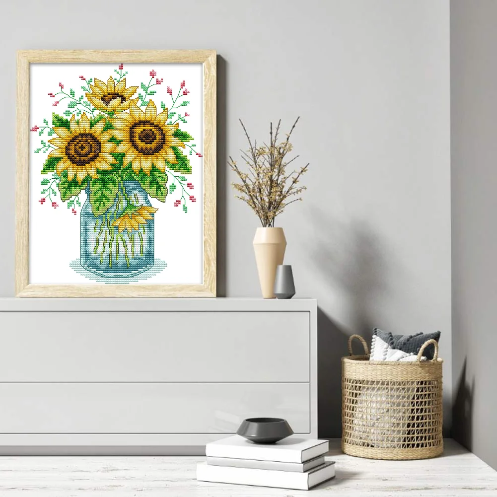 Partial Embroidery cotton Thread 14CT Printed Sunflower Cross Stitch(HA013)