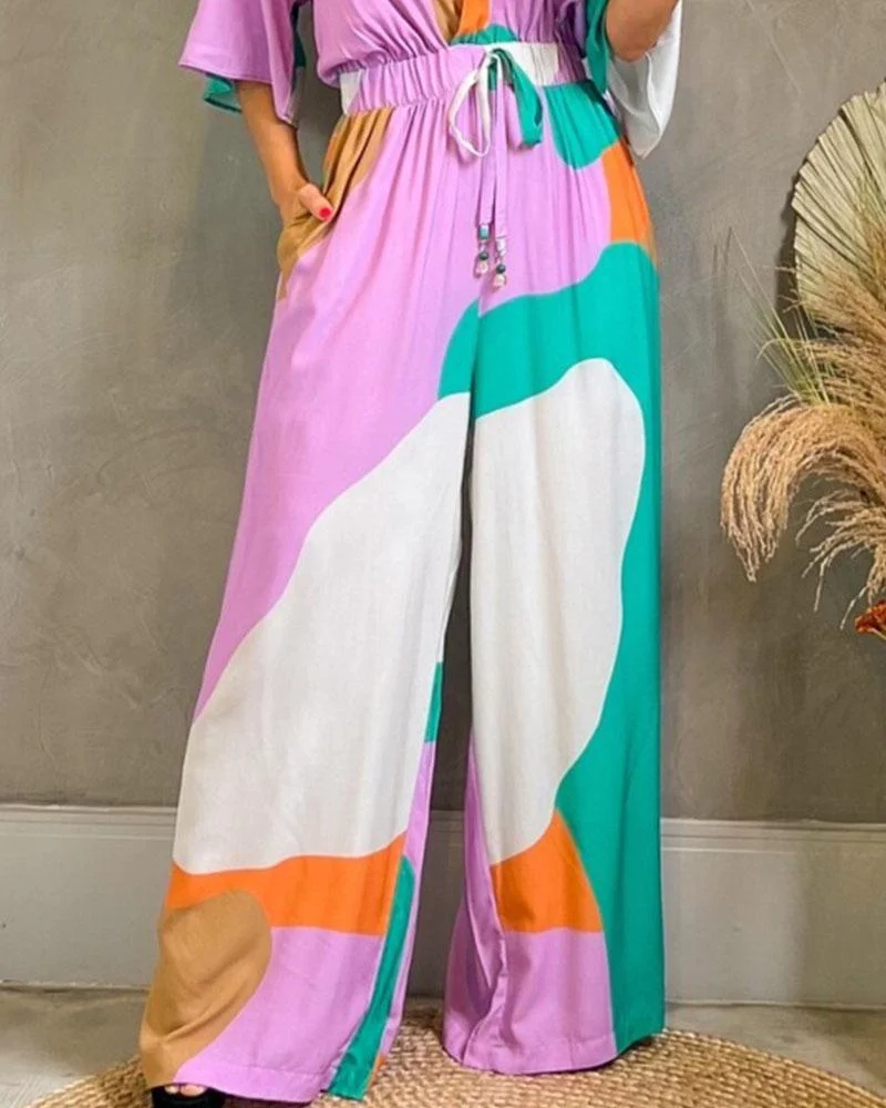 Printed V-neck Short Sleeve High Waist Jumpsuit