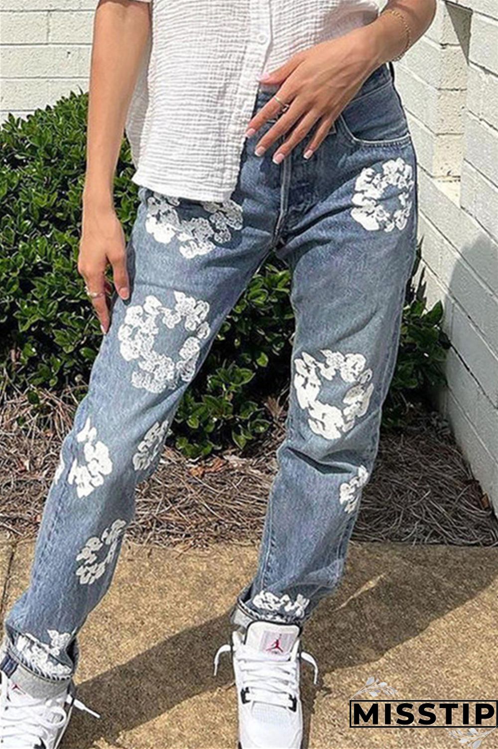 Blue Casual Print Patchwork High Waist Regular Denim Jeans