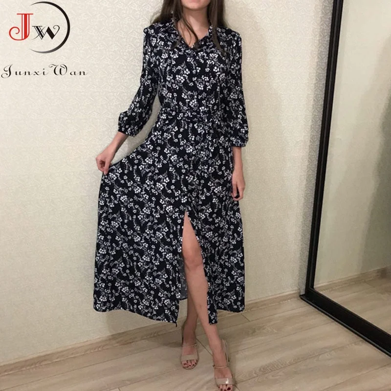 Women Floral Print Elegant Vintage A line Long Dresses Spring Summer Turn-down Collar Chic Party Maxi Dress  Robe Femme