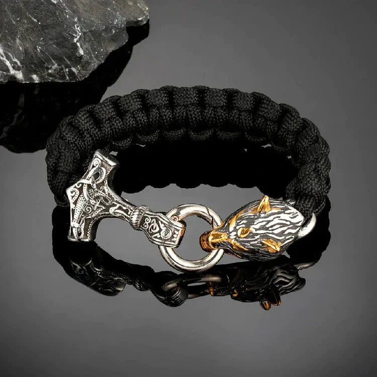 Coutureaura Nordic Mjolnir Wolf Head Bracelet