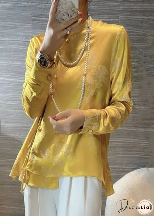 New Yellow Chinese Button Print Silk Blouses Spring