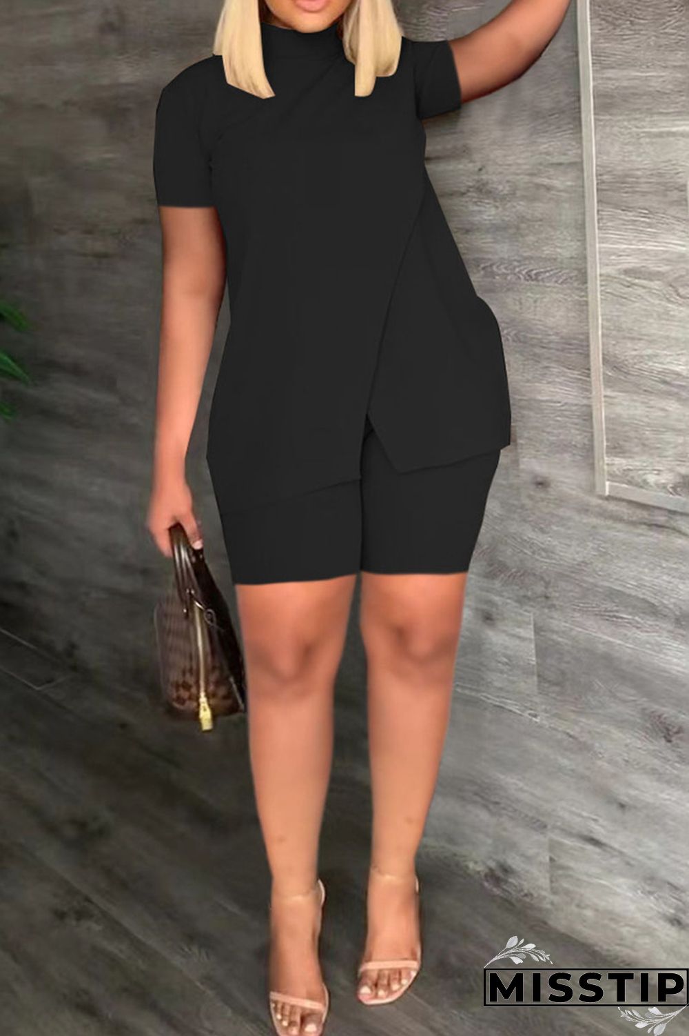 Black Casual Solid Patchwork Half A Turtleneck Short Sleeve Two Pieces