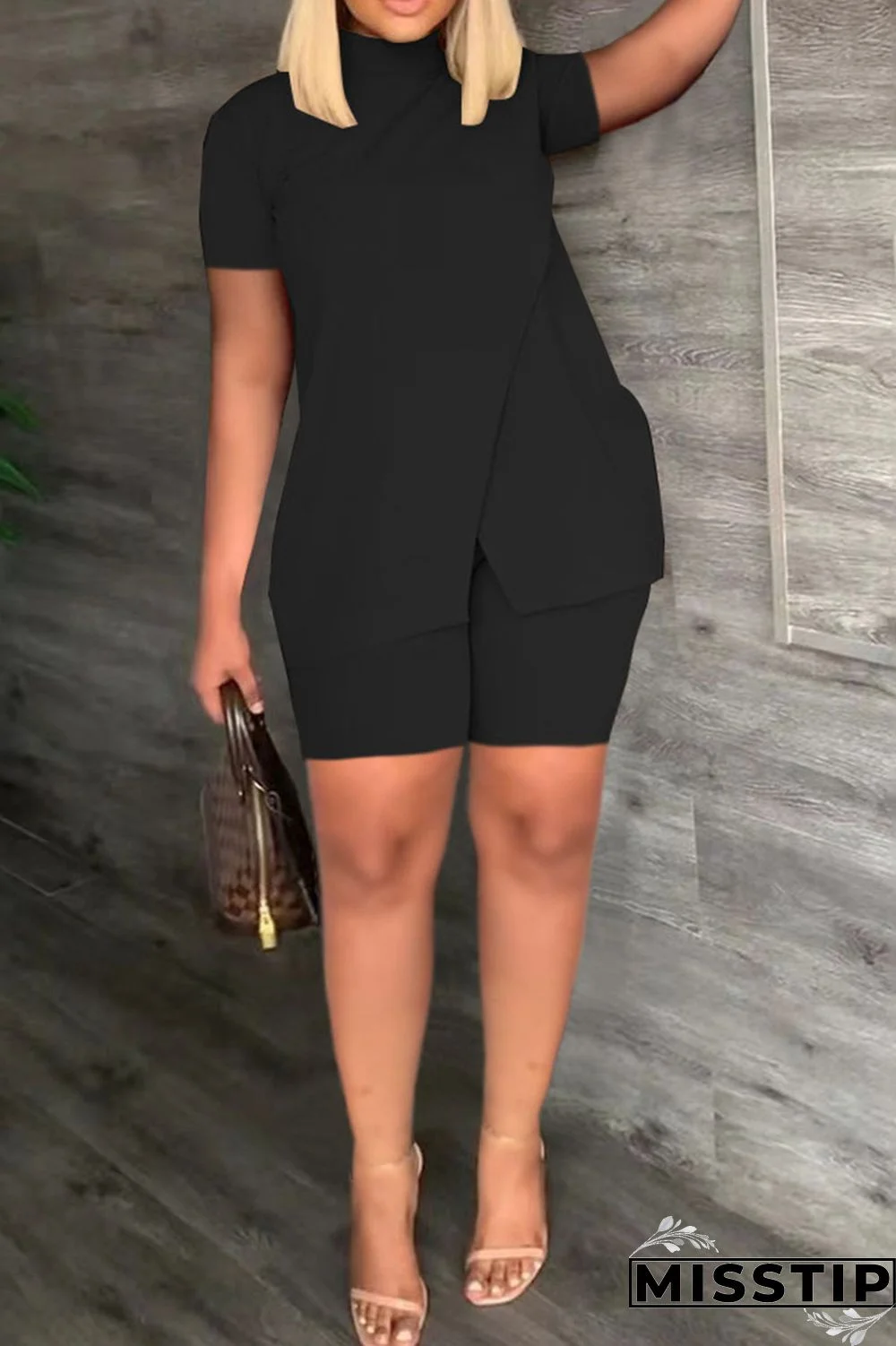 Black Casual Solid Patchwork Half A Turtleneck Short Sleeve Two Pieces