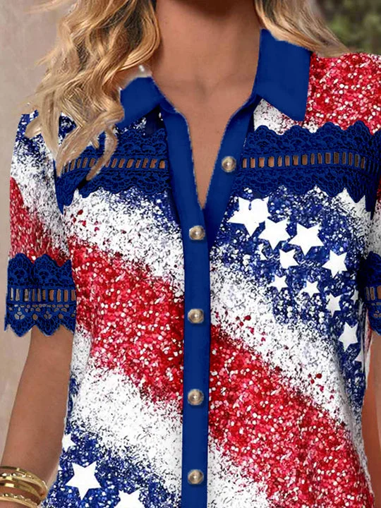 Women Short Sleeve V-neck Striped Printed Graphic Lace Hollow Stitching Button Tops