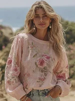 Women's Pink Rose Print Linen Blend T-shirt