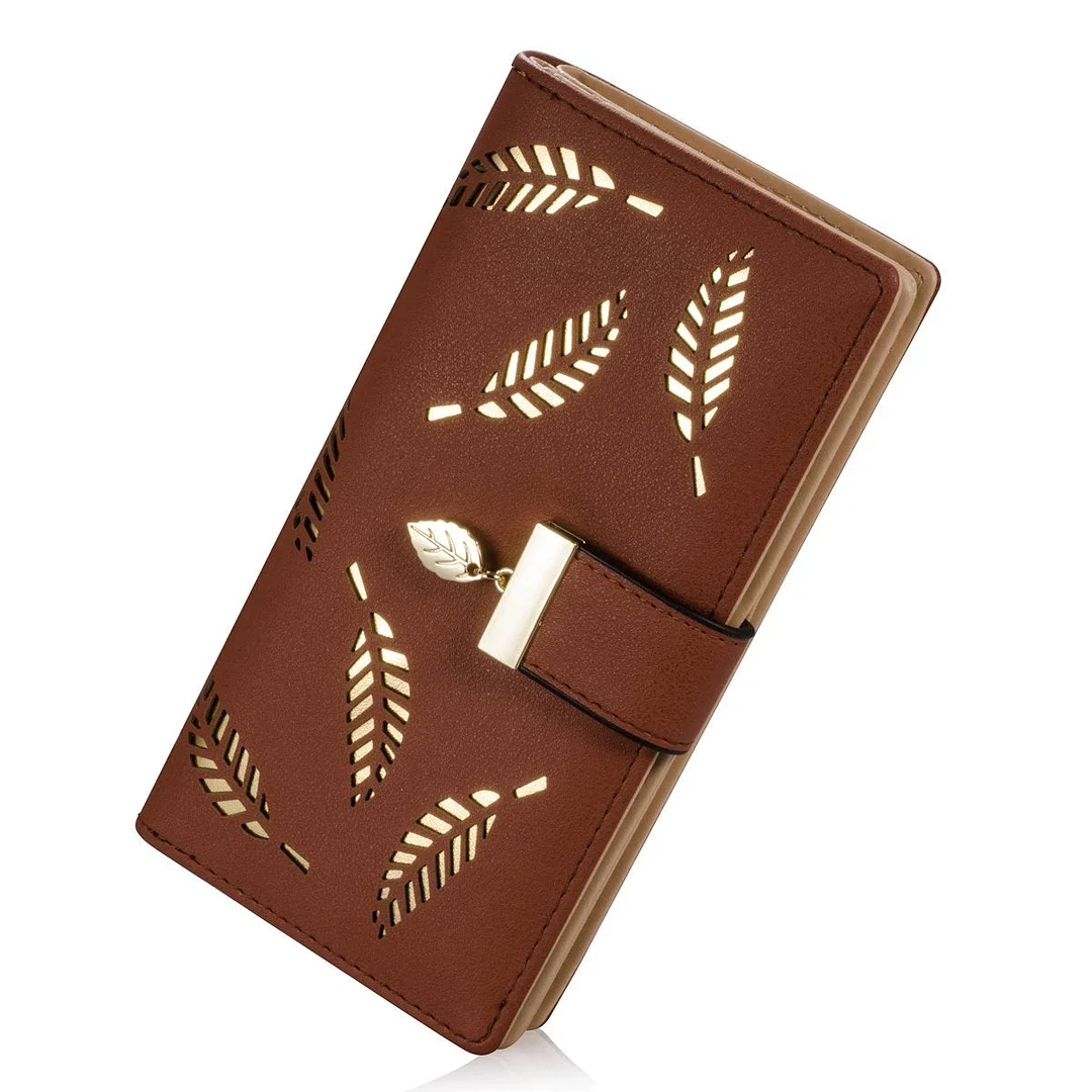 Women's Long Leaf Bifold Wallet Leather Card Holder Purse Zipper Buckle Elegant Clutch Wallet Handbag