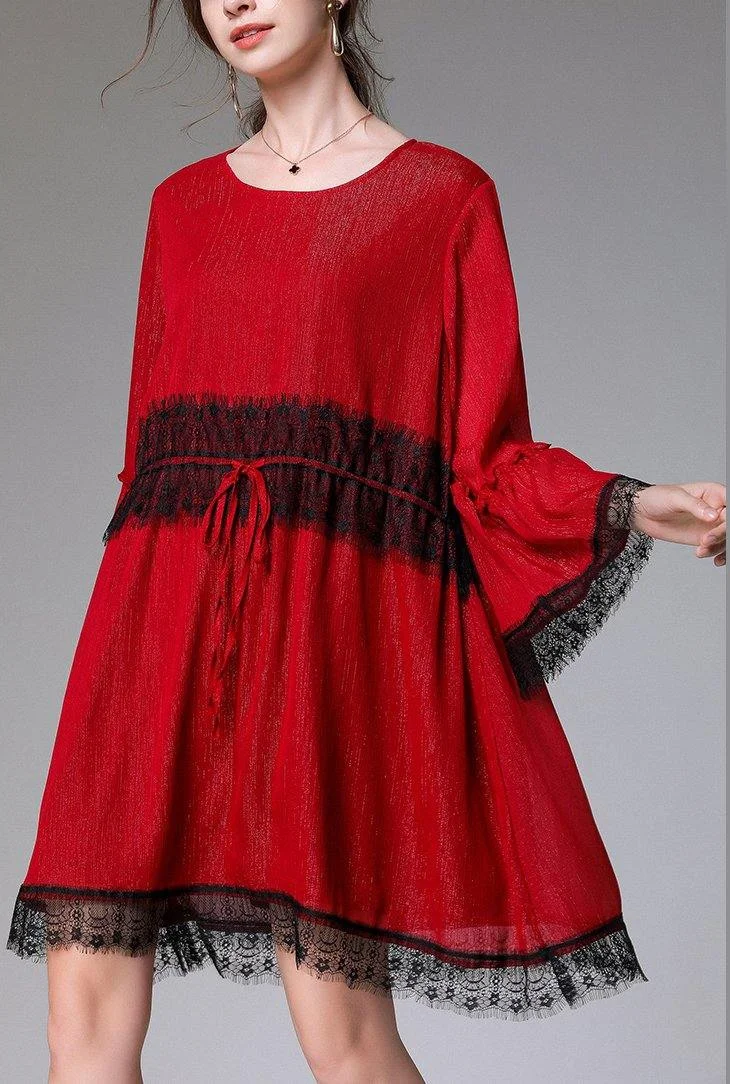 Handmade Red Patchwork Chiffon flare sleeve Summer Mini Dresses