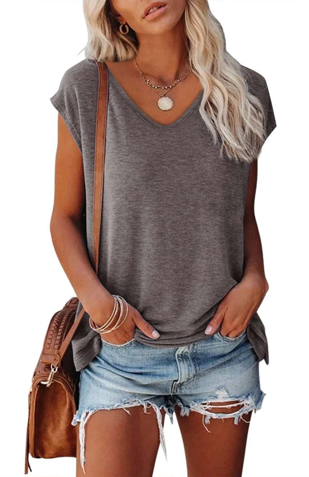 Brownm Color V-neck Cotton Blend Casual Loose Sleeveless Top Women's T-shirt