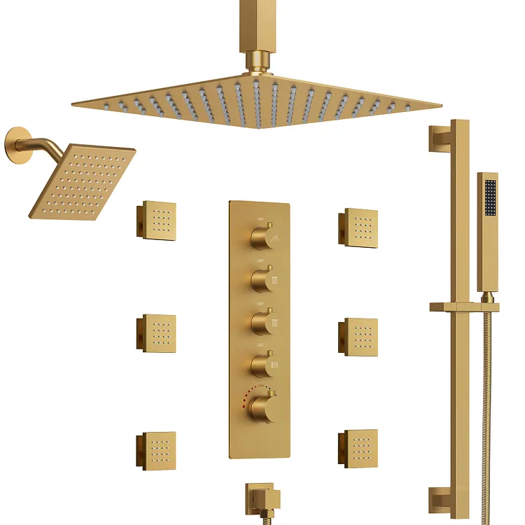 EVERSTEIN Thermostatic Rainfall Bathroom Shower System in Brushed Gold, 16 In.
