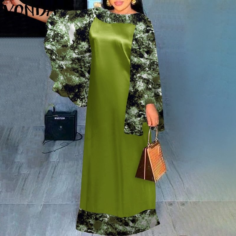 VONDA 2022 Summer Long Maxi Dress Women Baggy O Neck Flare Sleeve Printed Pleated Vestido Vintage Robe Oversize Beach Sundress
